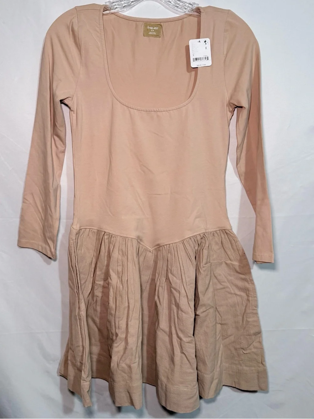 Free People Tan Solid Square Neck Long Sleeve Stretch Knit Mini Dress Small NWT
